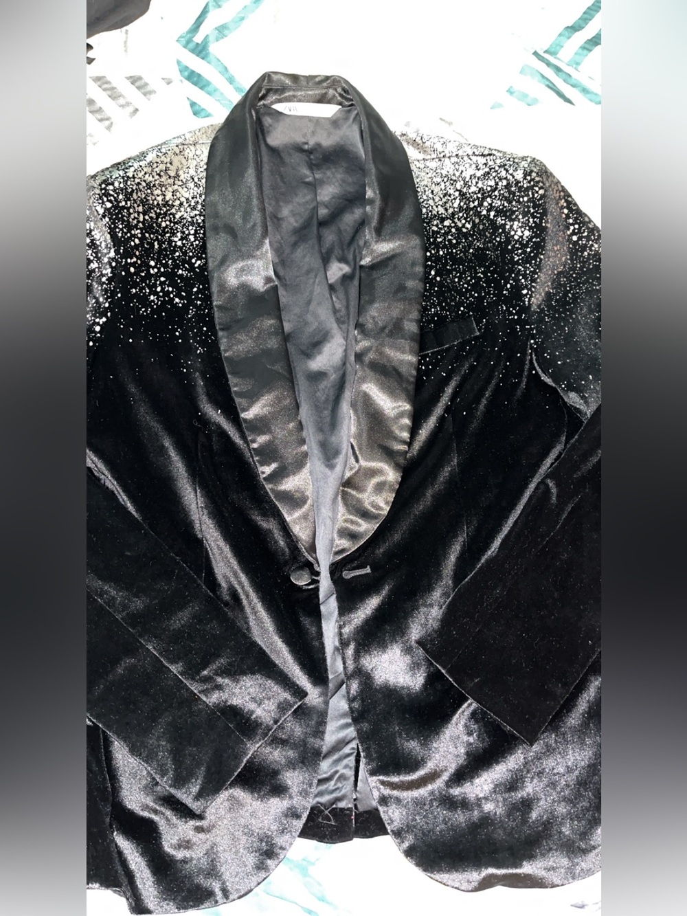 Zara Black Velvet Shawl Collar Blazer with Sparkle Shoulders
